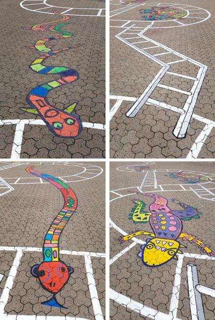 Four photos showing details of the Snakes and Ladders artwork. Colourful creatures and white ladders are painted on brown pavers.